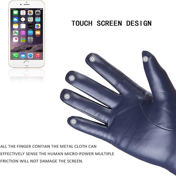 Women's Navy Winter Leather Gloves Wool Fleece Lined Thermal Touchscreen - Picture 4 of 5